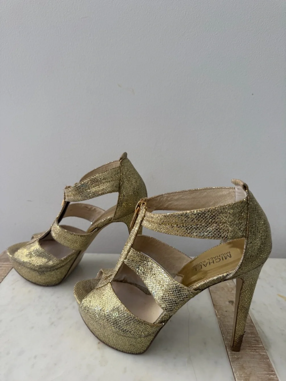 Michael Kors Gold Glitter Platform Sandals with Front Zips